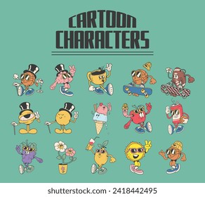 retro mascot cartoon characters, groovy cartoons, vector illustration