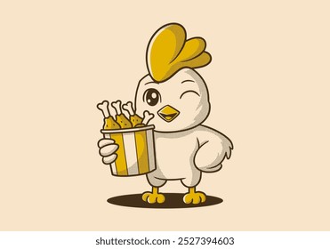 Retro mascot character illustration of chicken or rooster holding a cup of fried chicken