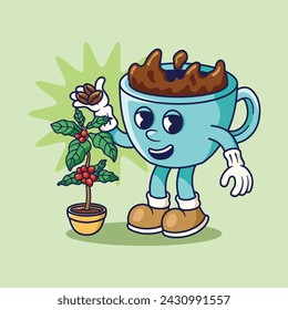 Ilustración del personaje de la mascota retro de la taza de café cosechando grano de café