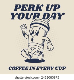 Retro Mascot Character Illustration of  Coffee Cup with a bit Shock Expression in Outline Version