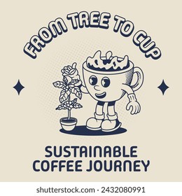 Retro Mascot Character Illustration of Coffee Cup Harvesting Coffee Bean in Outline Version