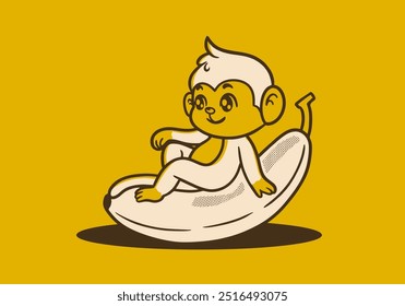 Retro Mascot character illustration of cute monkey sit on the banana