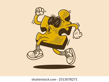 Retro Mascote personagem ilustração de quebra-cabeça em corrida pose