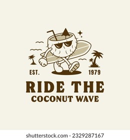 Retro mascot Coco carries a surfboard.