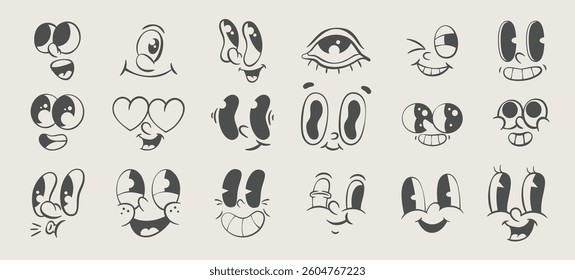 Retro mascot parts set, vintage cartoon eyes, groovy character design kit