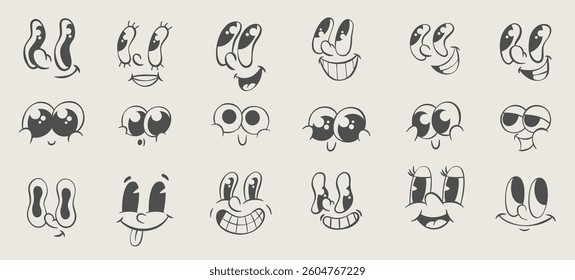 Retro mascot parts set, vintage cartoon eyes, groovy character design kit