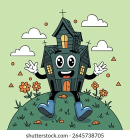 retro mascot style haunted house illustration
