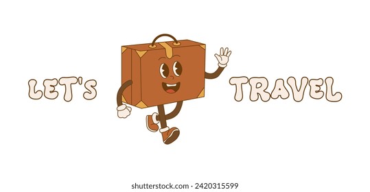 Retro mascot suitcase character cartoon poster. Let's go travel. Adventure journey. Abstract trendy, vintage, nostalgic aesthetic background. Vector illustration