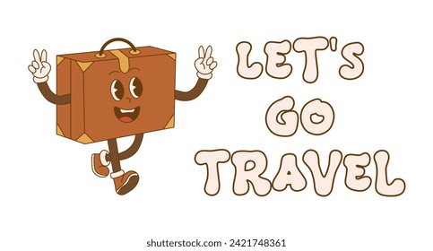 Retro mascot suitcase character cartoon poster. Let's go travel. Adventure journey. Abstract trendy, vintage, nostalgic aesthetic background. Vector illustration