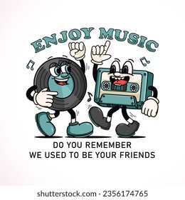 Retro mascot of vinyl records and cassettes that dances to the music. Perfect for logos, mascots, t-shirts, stickers and posters