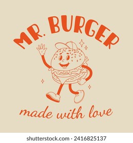 Retro mascot of walking burger in hat, smiling and waving hand. Vintage style 70s, 60s, 50s character. Groovy logo for bakery, burger bar and restaurants, made with love