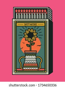 Retro matchbox and matches vector illustration. Vintage and cool matchbox packaging design