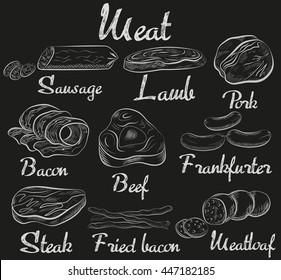 Retro meat chalk icons on chalkboard set. Steak, pork, sausage, lamb, beef. Meat products vector