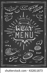 Retro meat menu icons on chalkboard with lamb chops sausage wieners pork ham vector