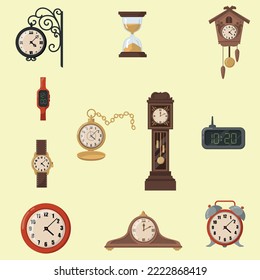 Retro mechanical and electronic clocks color collection set
