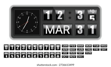 Retro Mechanical Flip Clock and Calendar with Turning Minutes, Analog Clock, Split-Flap Rotating Date and Month Display, Vintage Timekeeping Vector Illustration - Powered by Shutterstock - Get 15% off with code: PIKWIZARD15