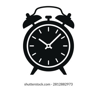 Retro mechanical twin-bell desk table alarm clock layout silhouette vector icon. High warning sound wakeup indicator, deadline countdown schedule reminder symbol.