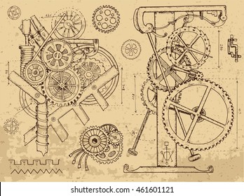 Retro mechanisms and machines in steampunk style on textured background. Hand drawn graphic illustration, sketch tattoo, retro technology collection with cogs, gear and wheels.