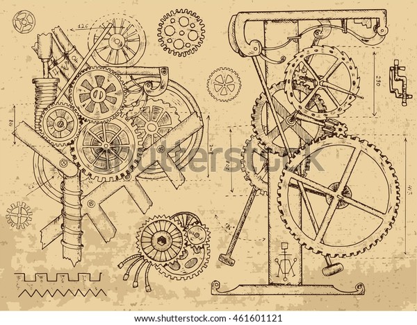 Retro mechanisms\
and machines in steampunk style on textured background. Hand drawn\
graphic illustration, sketch tattoo, retro technology collection\
with cogs, gear and\
wheels.