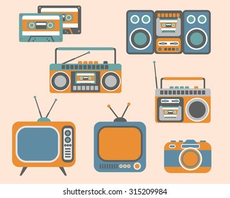 Retro Media electronics, Icons Set, vector illustration of tv, radio, photo camera, cassette, radio tape recorder