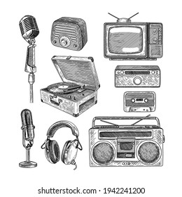 Retro media engraved illustrations set  Hand drawn sketch vintage television  radio  tape recorder  cassette  microphones white background  Nostalgia  retro technology  media  vintage concept