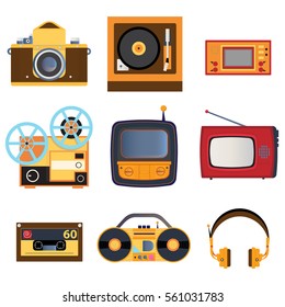 Retro media icons. Set of vector illustrations on the theme of retro media. TV, record player, set-top box, headphones, magneto in retro style.