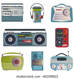 Retro media icons. Set of vector illustrations on the theme of retro music. Radio receivers, tape recorder, player, recorder in retro style.