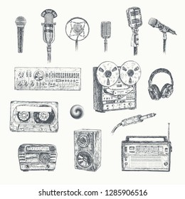 Retro media. Microphones, reel tape recorder, radio receiver, headphones, mixing console, cassette tape, audio plug microphone connector, sound speaker. Set of items music lover and radio. Vintage 