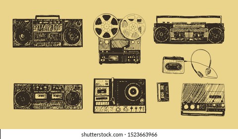 Retro media. Microphones, reel tape recorder, radio receiver, headphones. Set of items music lover and radio isolated on white background. Vintage doodle hand drawn engraving style vector illustration