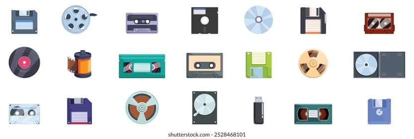 Retro media storage icons set. Diverse set of icons illustrating various data storage methods from different technological eras