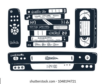 Retro media technologies. Set of 4 elements. VCR, tapes, remote control. Vector illustration. Inky doodle.