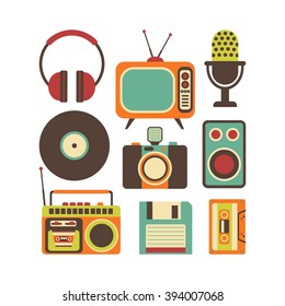 Retro Media Technology, Flat Icons Set, Vector Illustration Of Tv, Photo Camera, Cassette, Radio Tape Recorder, Microphone, Diskette, Headphones