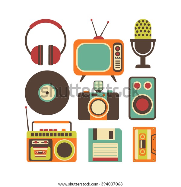 Retro Media technology, flat icons set, vector\
illustration of tv, photo camera, cassette, radio tape recorder,\
microphone, diskette,\
headphones