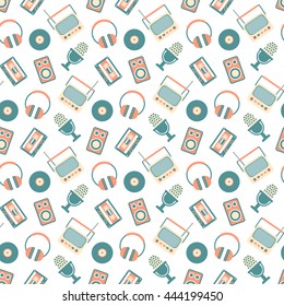 Retro Media technology Seamless Pattern, flat icons set of radio, cassette, tape recorder,  microphone