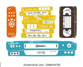 Retro media technology. VCR, video tapes, remote control, cable. Vector illustration.