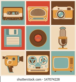 Retro media. Vector minimal flat illustration set.