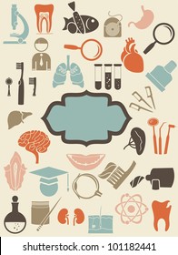 retro medical icons with blank blue banner for your text