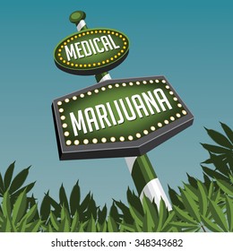 Retro Medical Marijuana Sign In Marijuana Field. EPS 10 Vector Royalty Free Illustration.