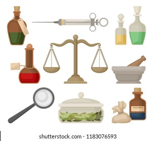 Retro medical tools, laboratory equipment and medicines set vector Illustrations on a white background