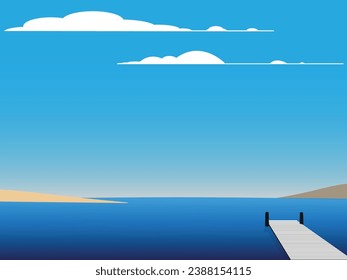 Retro Mediterranean, landscape sea vacation Europe. Mountaines, harbor, sailboat, sunset. Travel holiday summer voyage. Vintage style vector illustration