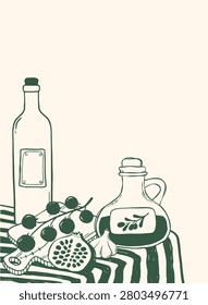 Retro Mediterranean vibe poster with hand drawn olive oil bottle, wine, cherry tomatoes, garlic and pomegranate on striped tablecloth. Good for banners, prints, cards, interior wall art. EPS 10