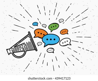 Retro megaphone with speech bubbles concept illustration for promouting social media networks or community. Vintage megaphone icon in hipster style for advertisement and announce - Powered by Shutterstock - Get 15% off with code: PIKWIZARD15