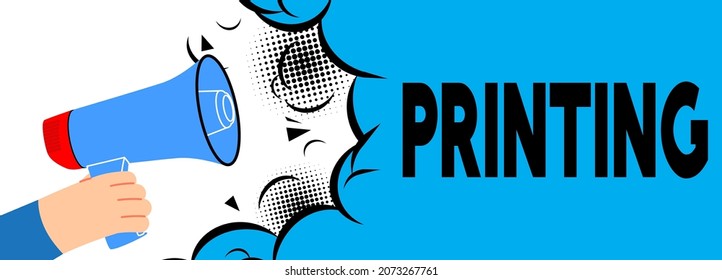 Retro megaphone with the word Printing. Attention concept announcement. Print on printer business concept.