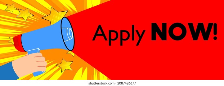 Retro megaphone with the words Apply now. Attention concept announcement. Jobs, job working recruitment employees business concept.