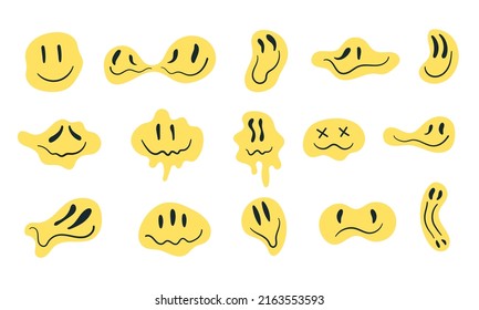 Retro melting and dripping smiling face. Distorted set of psychedelic emoticons. Hippie groovy smile character vector set isolated on white background.