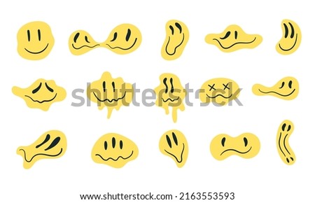 Retro melting and dripping smiling face. Distorted set of psychedelic emoticons. Hippie groovy smile character vector set isolated on white background.