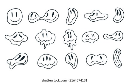 Retro melting and dripping smiling silhouette face black and white style. Distorted set of psychedelic emoticons. Hippie groovy smile character vector set isolated on white background.