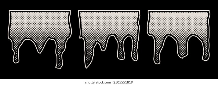 Derretimiento retro con efecto semitono. Puntos negros y textura pop art. Conjunto de Ilustración vectorial retro