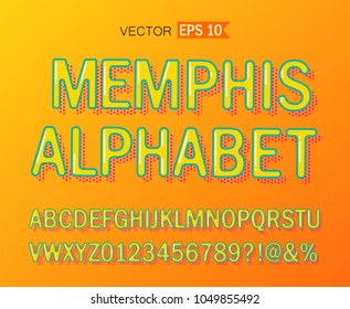 Retro memphis 80's, 90's, font with alphabet. Shiny colorful vintage dots font isolated on colorful background. Vector font illustration. Eps 10.