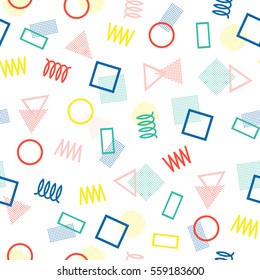 Retro memphis geometric line shapes seamless patterns. Hipster fashion 80-90s. Abstract jumble textures. Zigzag lines. Triangle. Memphis style for printing, website, poster.